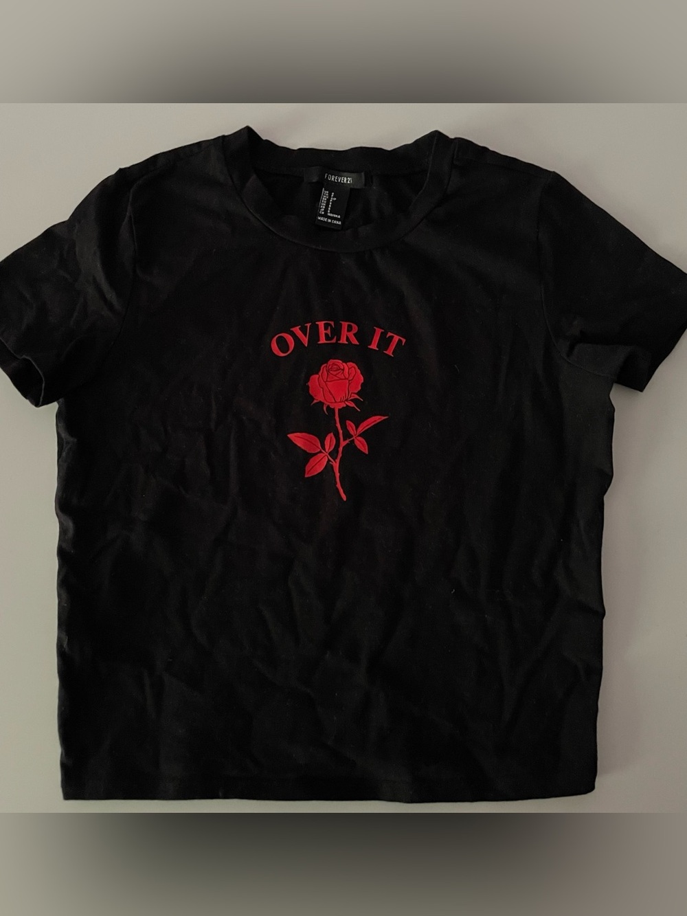 Forever 21 Black Tee with Red Rose 'Over It' Graphic